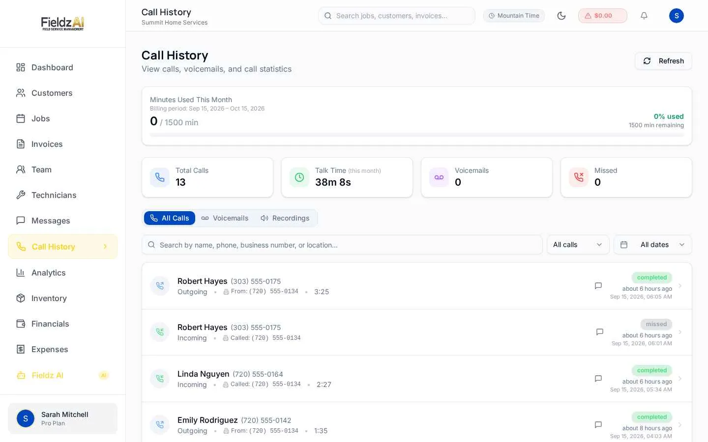 Call masking in Fieldz AI call history
