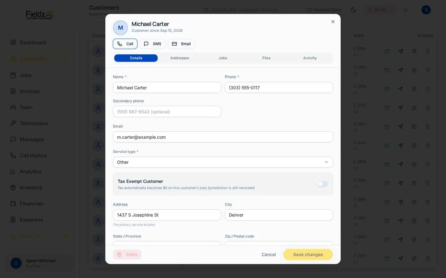Fieldz AI customer profile with full service history
