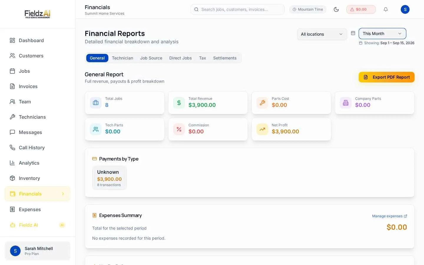 Field service financial KPIs in Fieldz AI