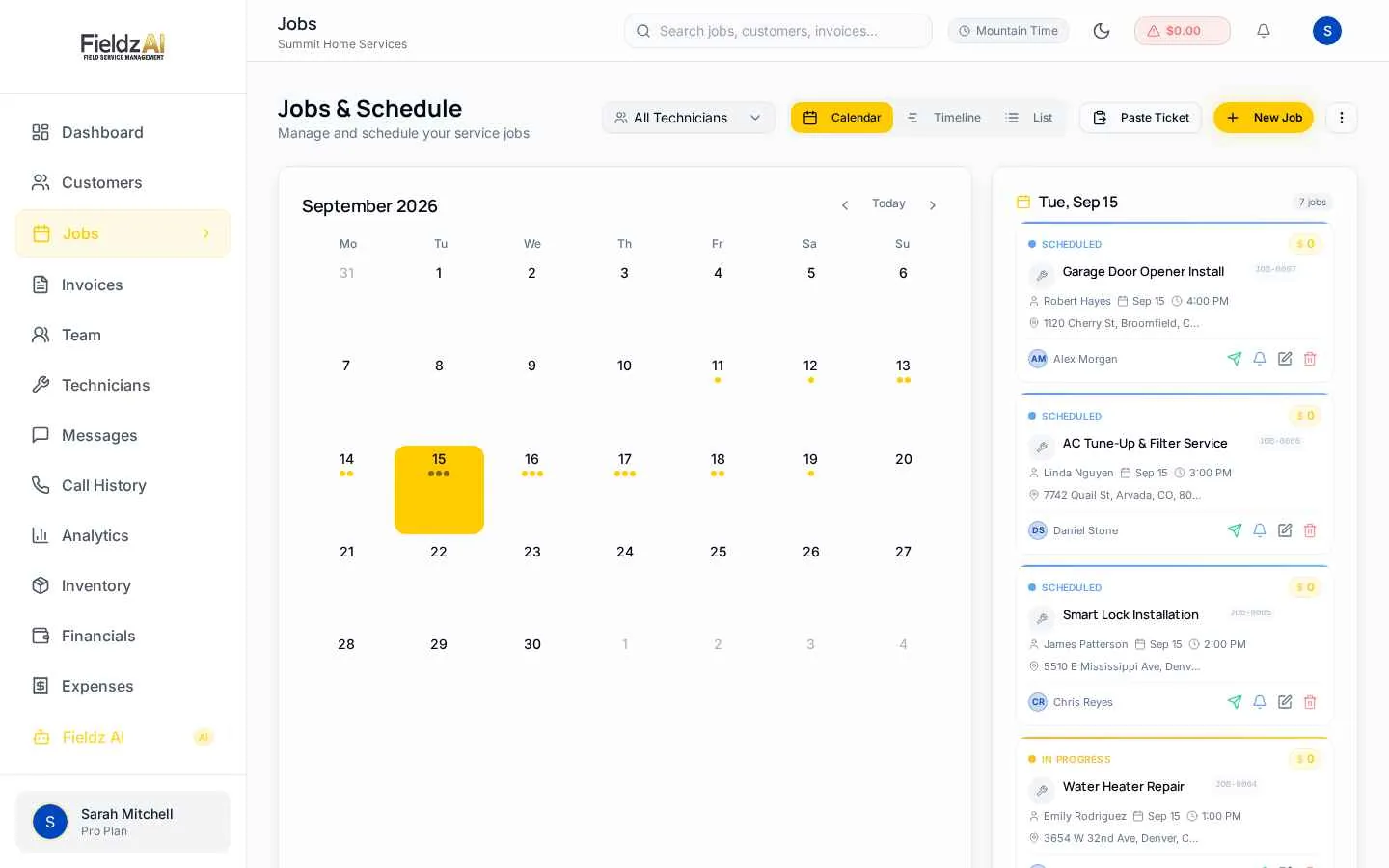 HVAC scheduling software calendar in Fieldz AI