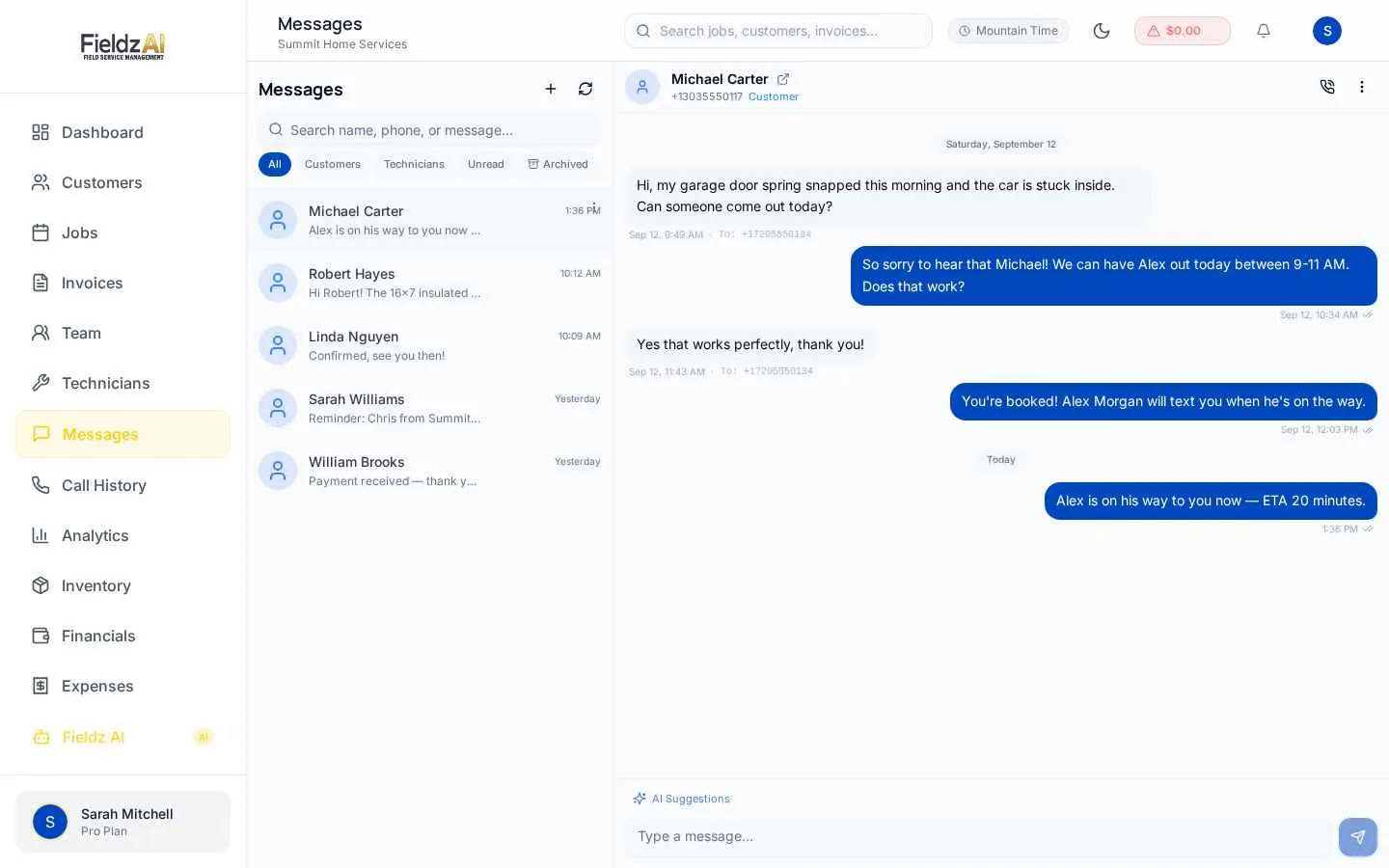 Fieldz AI two-way SMS messaging inbox